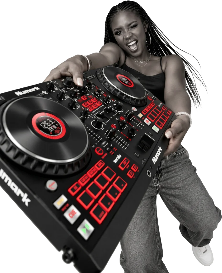 DJ Akuaa posing behind a DJ controller with red-lit buttons